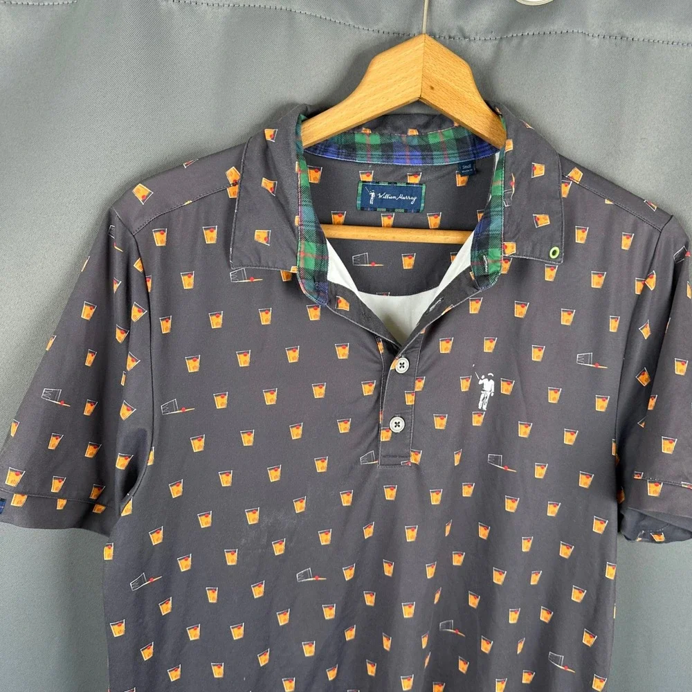 William Murray Mens Golf Polo Shirt Small Gray Cocktail Old Fashioned Plaid Trim